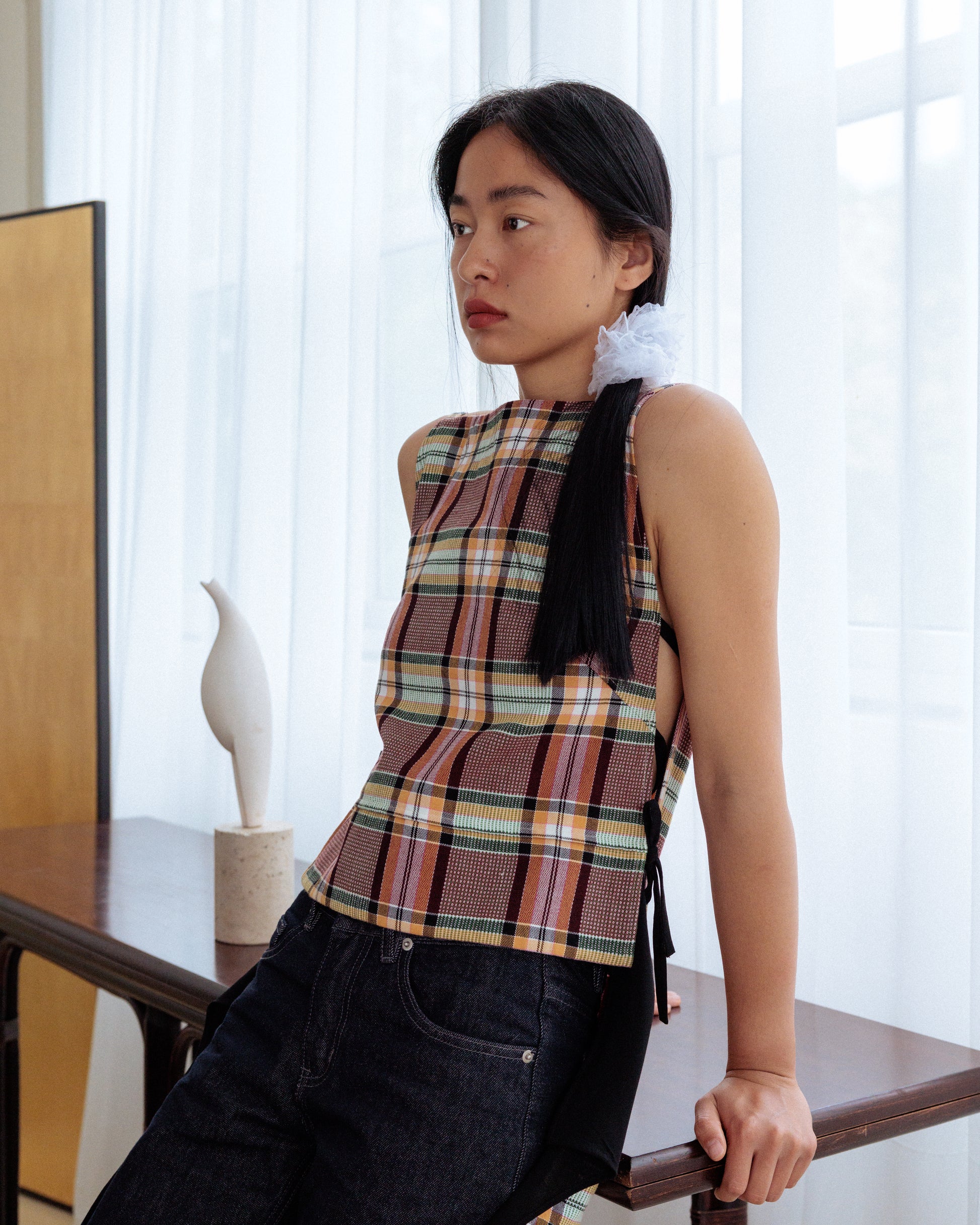 Made-to-order DEFICELER Classic Oval Long Apron - Orange Gingham