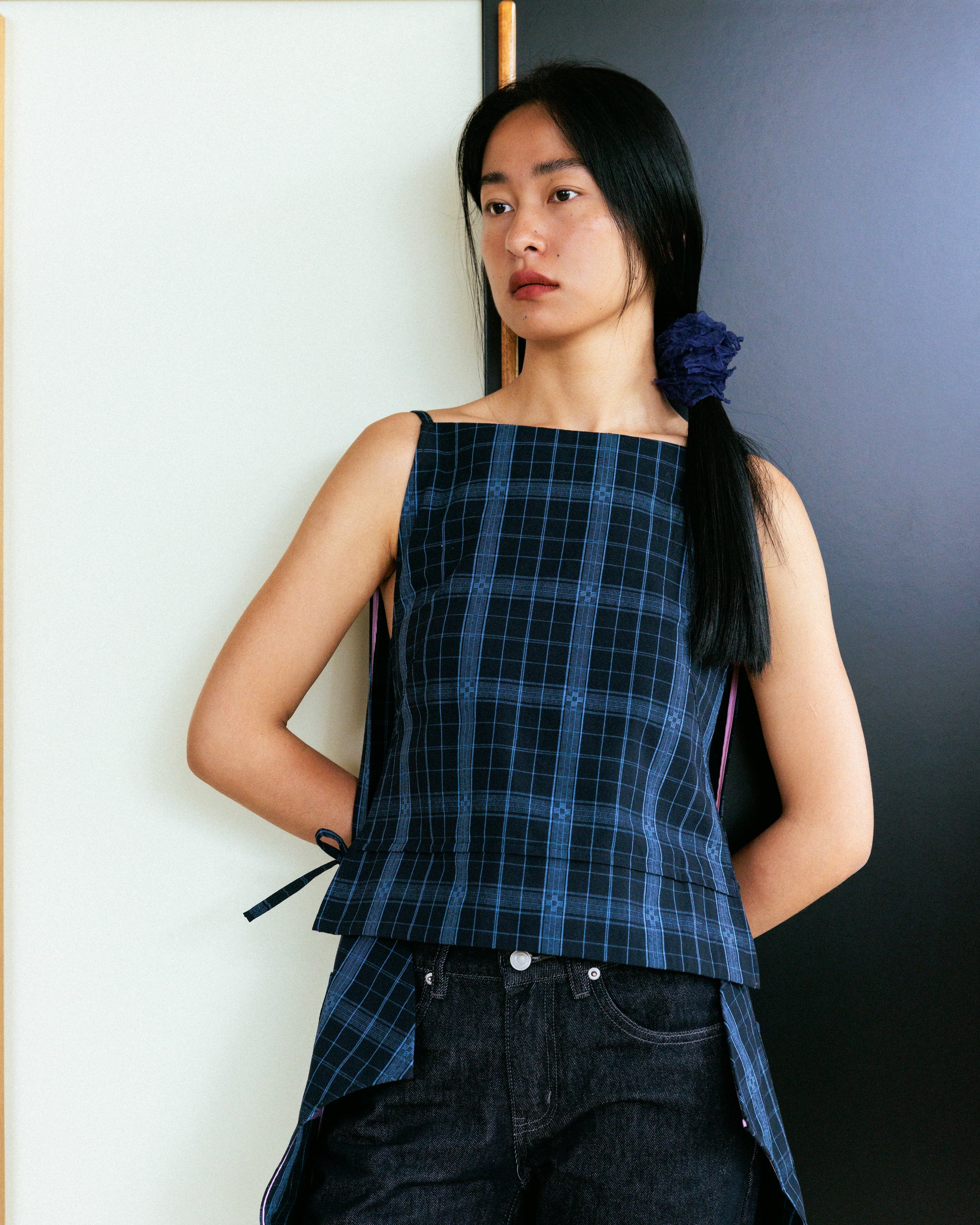 Made-to-order - DEFICELER Classic Oval Long Apron  (Blue Gingham)