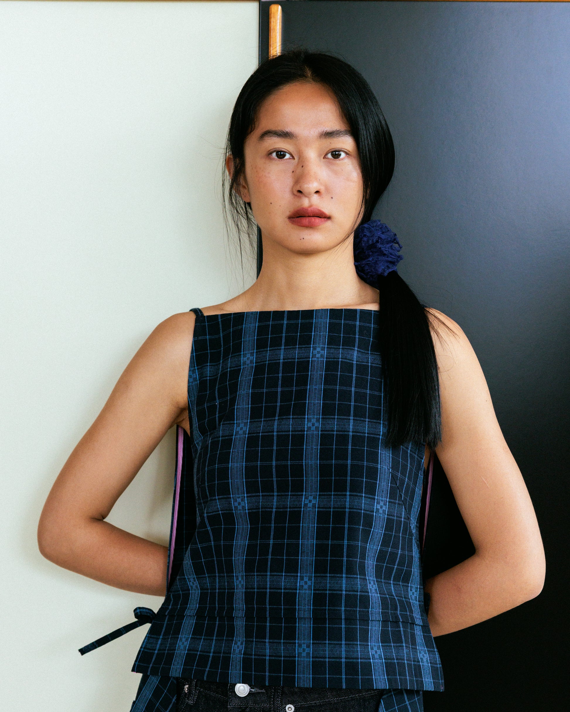 Made-to-order - DEFICELER Classic Oval Long Apron  (Blue Gingham)