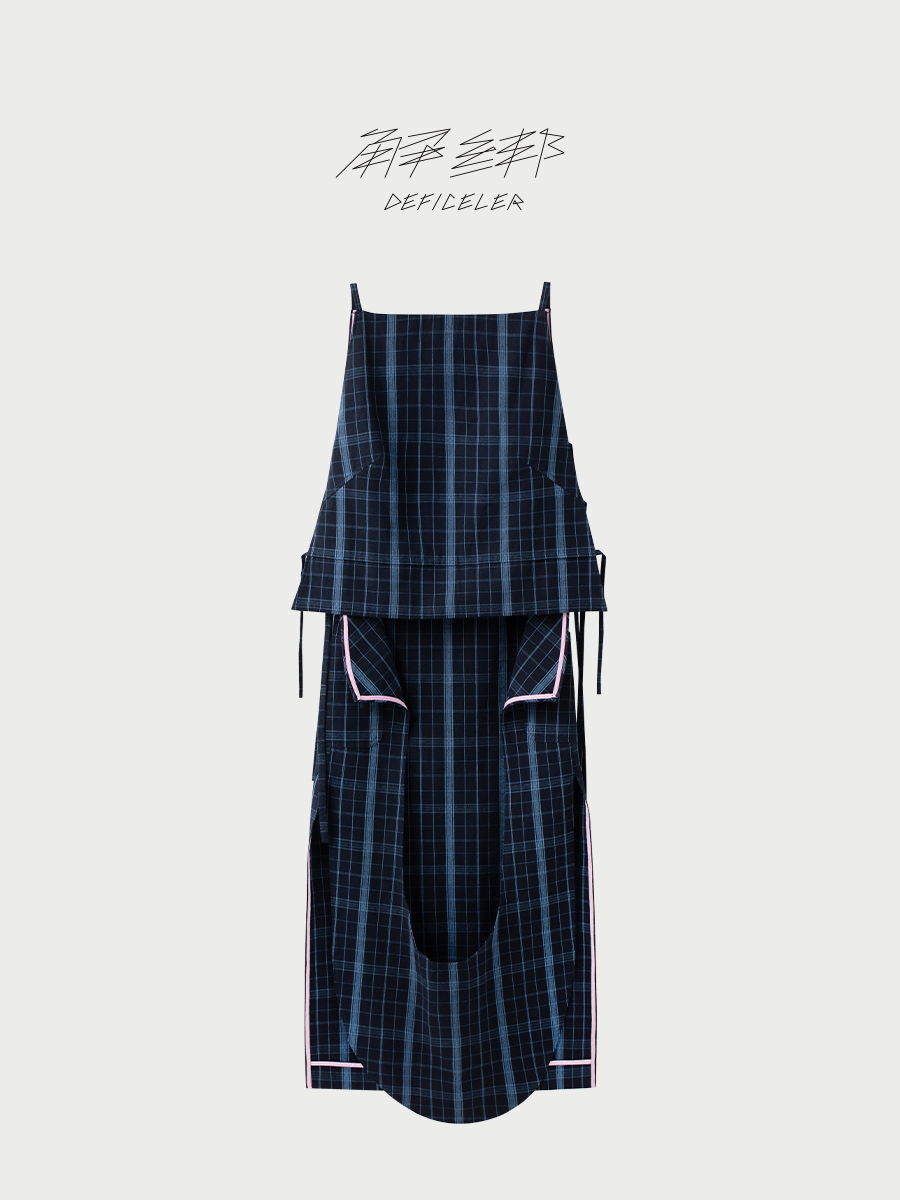 Made-to-order - DEFICELER Classic Oval Long Apron  (Blue Gingham)
