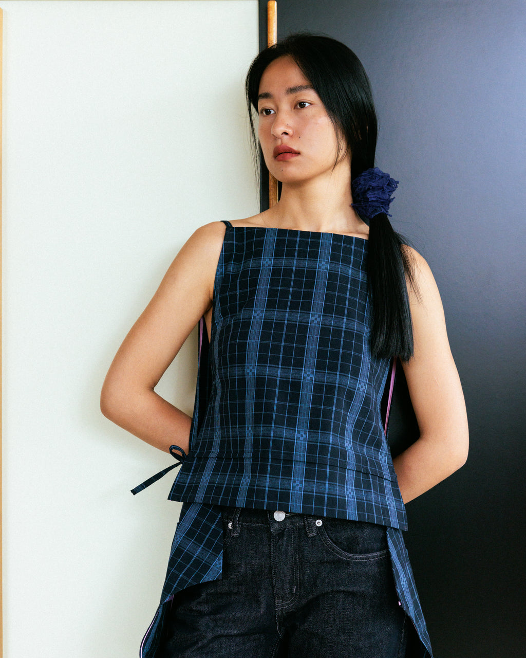 Made-to-order - DEFICELER Classic Oval Long Apron  (Blue Gingham)
